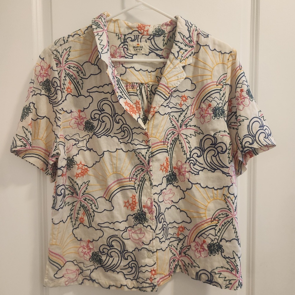 Marine Layer Embroidered Tropical Camp Shirt Large Tencel Linen Rainbow Palm